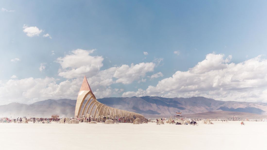 Visitors could write messages on strips of white cloth and tie them to the trees in the center of the Temple of Promise. The structure, without a central altar, was a departure from traditional Burning Man temples, and intended as a path rather than a destination.