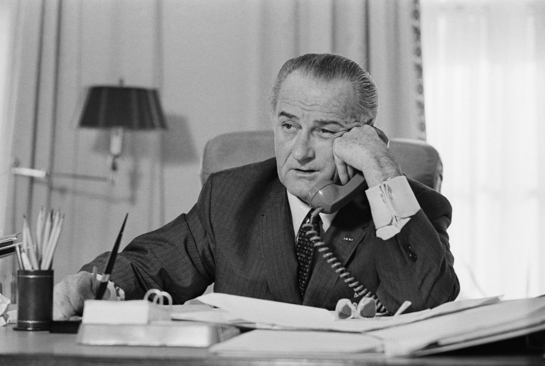 President Lyndon B. Johnson on the phone in the Oval Office in January 1968.