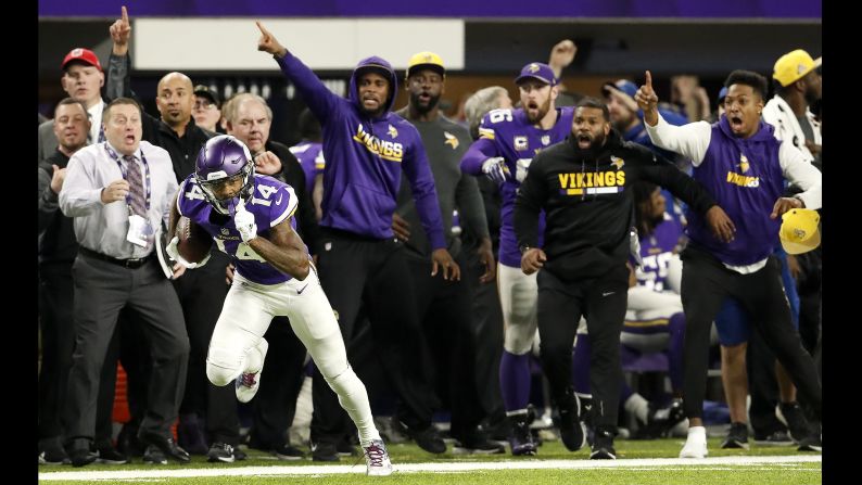 Vikings receiver Stefon Diggs catches the ball before scoring a historic, last-second 61-yard touchdown during an NFC Divisional Playoff game on Sunday, January 14, in Minneapolis. The Vikings defeated the New Orleans Saints 29-24 and will advance to face the Philadelphia Eagles for a chance to play in the Super Bowl on February 4.