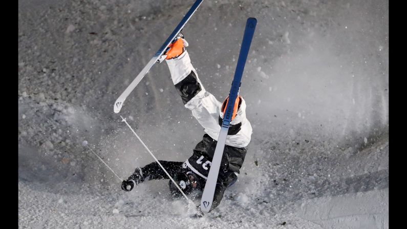 Bryon Wilson of the United States crashes in the Men's Moguls Finals during the 2018 FIS Freestyle Ski World Cup on Wednesday, January 10, in Park City, Utah.  