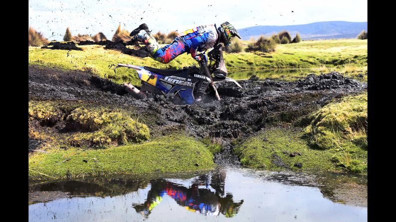 Argentinian biker Franco Caimi crashes in the mud during Stage 7 of the 2018 Dakar Rally between La Paz and Uyuni, Bolivia, on January 13.