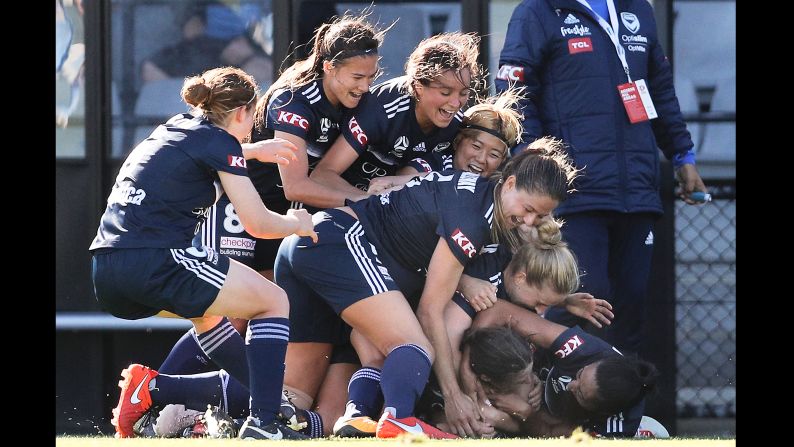 Melbourne Victory celebrate a goal during the round 11 W-League match against Melbourne City on January 14.<br />