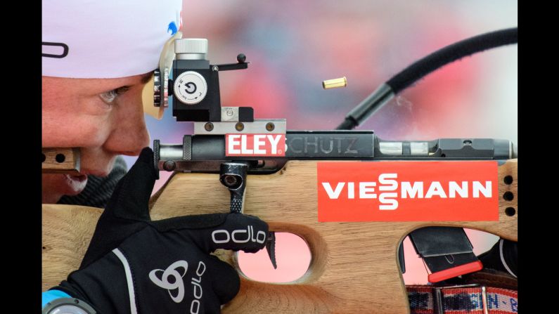 A bullet casing releases as Marie Dorin-Habert from France practices at the shooting range during a training session on Tuesday, January 9, at the Biathlon World Cup in Ruhpolding, Germany.