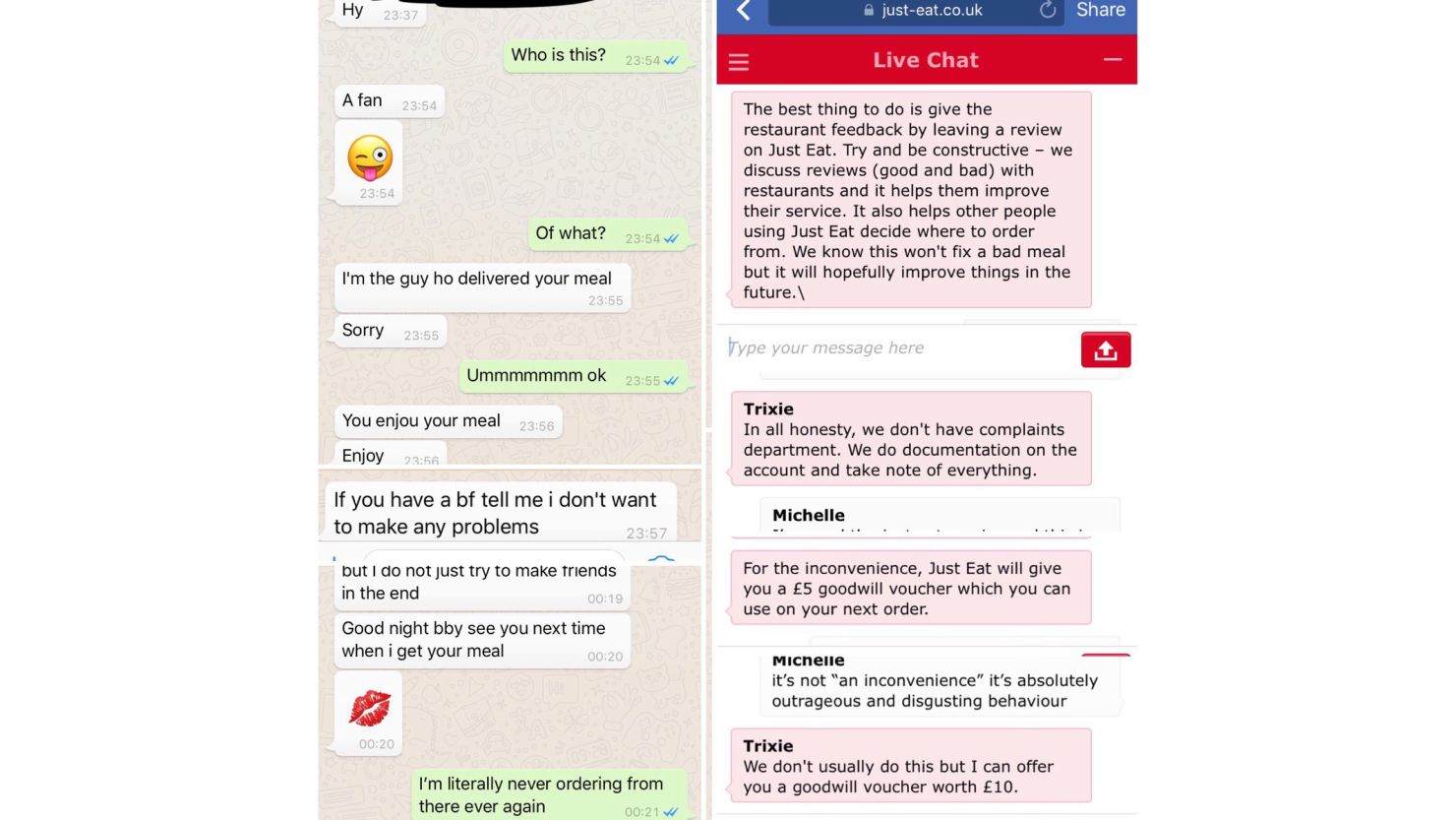 The woman shared the texts she says she received from the driver (L), along with the response from Just Eat (R).