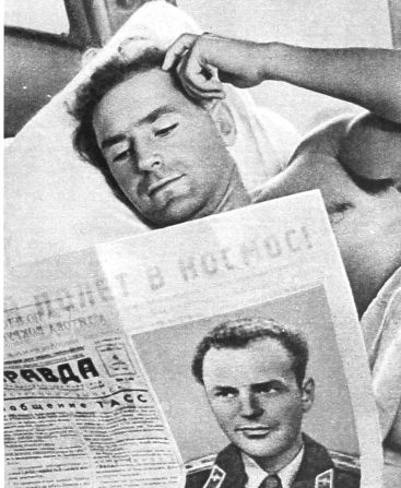 Gherman Stepanovich Titov, the second man to orbit the Earth after Gagarin, reads about himself in the paper, a common theme in propaganda photos. "This emphasized the fact that all Soviet people were the same, as the cosmonaut heroes were reading about themselves in the paper just like common folk would do," said Kohonen. The particular photo used here was then reused countless times in magazines, books, postcards, posters and badges, with some retouching.