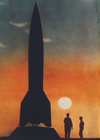 Because of the secrecy surrounding the technology, artists were involved in manipulating photographs like this one. It doesn't show an actual rocket, which was classified, but a heavily repainted and idealized version of it. The idea proposed here was that rockets could be both space explorers and weapons of war.