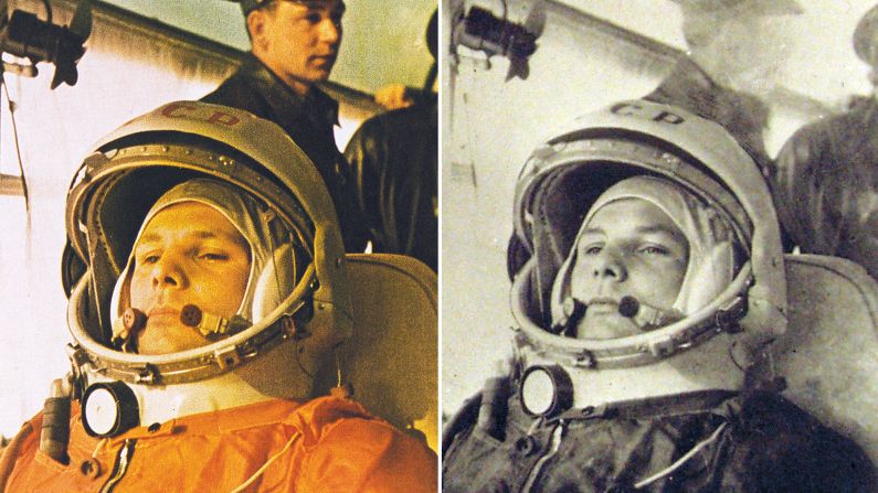 In her book "Picturing the Cosmos," author Iina Kohonen traces the rich visual history of the Soviet space program. This is one of the most published photos of Yuri Gagarin, the first man to fly into space, in 1961. "His portrayal in the propaganda was almost like a saint, and in some ways it still is. This was the photograph that Gagarin himself had on display at home. In most of his photos he's smiling, but not in this one, which somehow therefore captures his essence a bit more."