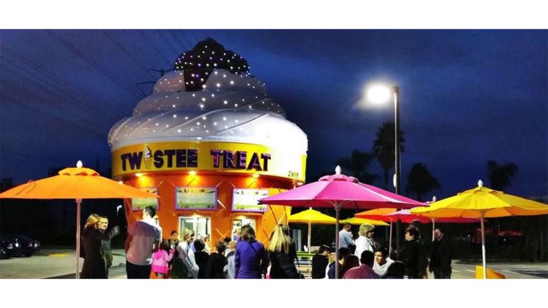 This ice-cream-cone shaped building belongs to Twistee Treat, an American ice cream restaurant.  