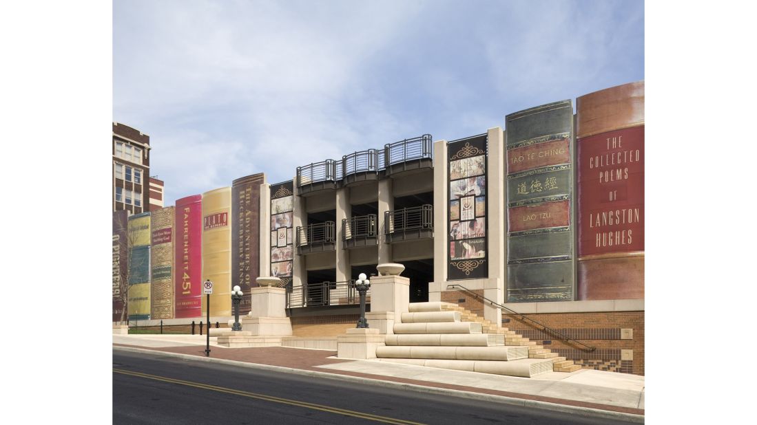 Completed in 2004, the Kansas City Public Library's parking garage is designed to look like a giant bookshelf.