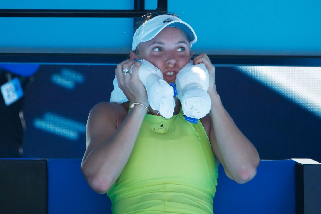 Wozniacki tries to cool down during her second-round match with Croatia's Jana Fett on Wednesday.