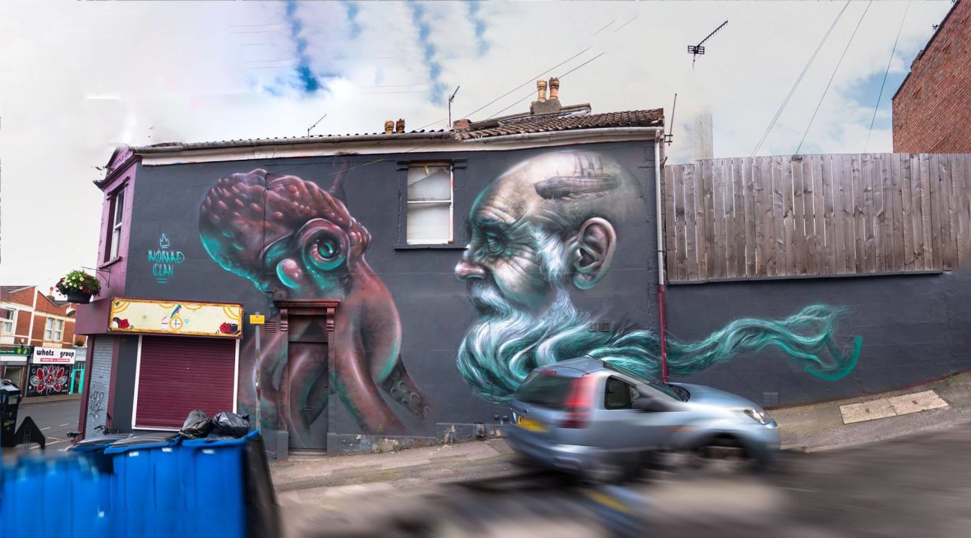 "Sentient Beings" shows an octopus and a human. Both are intelligent creatures, explains Nomad Clan, but "one lives in harmony with its environment, the other disrupts the balance."