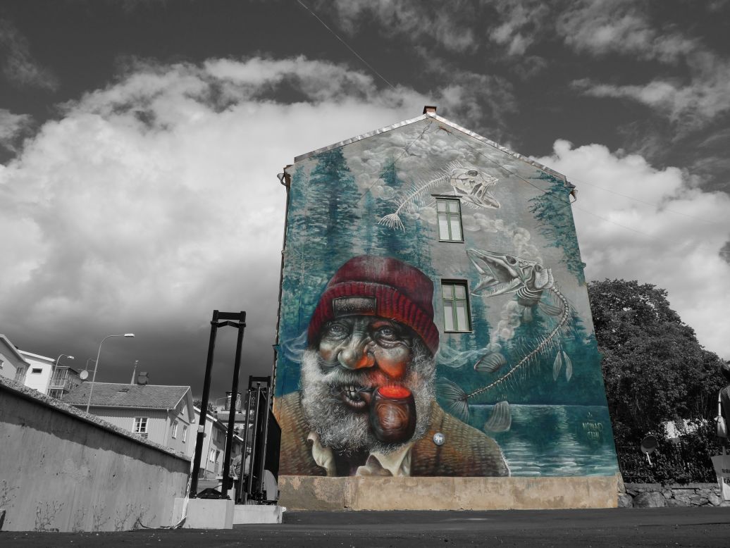 Their work often tackles social and environmental issues. "Pipe Dreams," in Arvika, Sweden, depicts an old angler with a dream of endless fish. "It's easy to live under the illusion that our lifestyles aren't having a negative impact on the environment," says Nomad Clan.