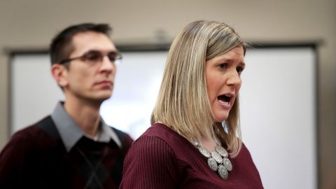With her husband by her side, Jennifer Hayes speaks at Wednesday's sentencing hearing.
