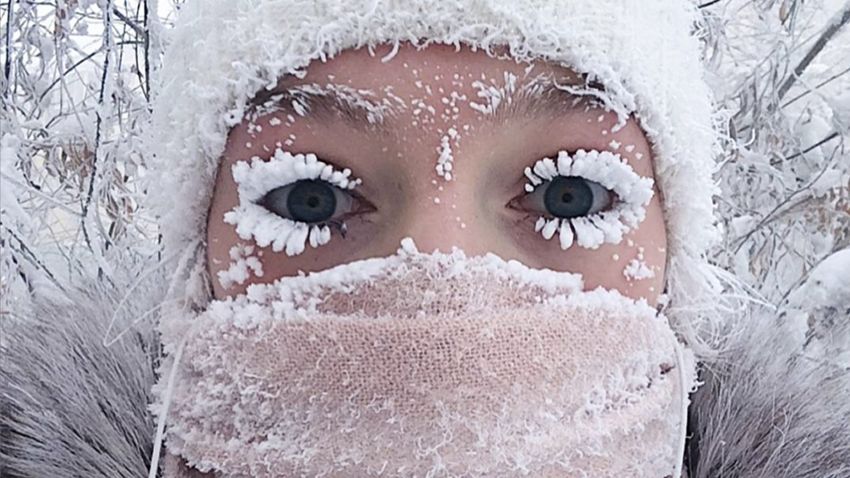 In this photo taken on Sunday, Jan. 14, 2018, Anastasia Gruzdeva poses for selfie as the Temperature dropped to about -50 degrees (-58 degrees Fahrenheit) in Yakutsk, Russia. Temperatures in the remote, diamond-rich Russian region of Yakutia have dropped to near-record lows, plunging to -67 degrees Centigrade (-88.6 degrees Fahrenheit) in some areas. (sakhalife.ru photo via AP)