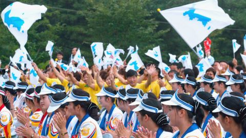 South Korean supporters wave unified flags at the World Student Games in August 2003 in Daegu, South Korea.