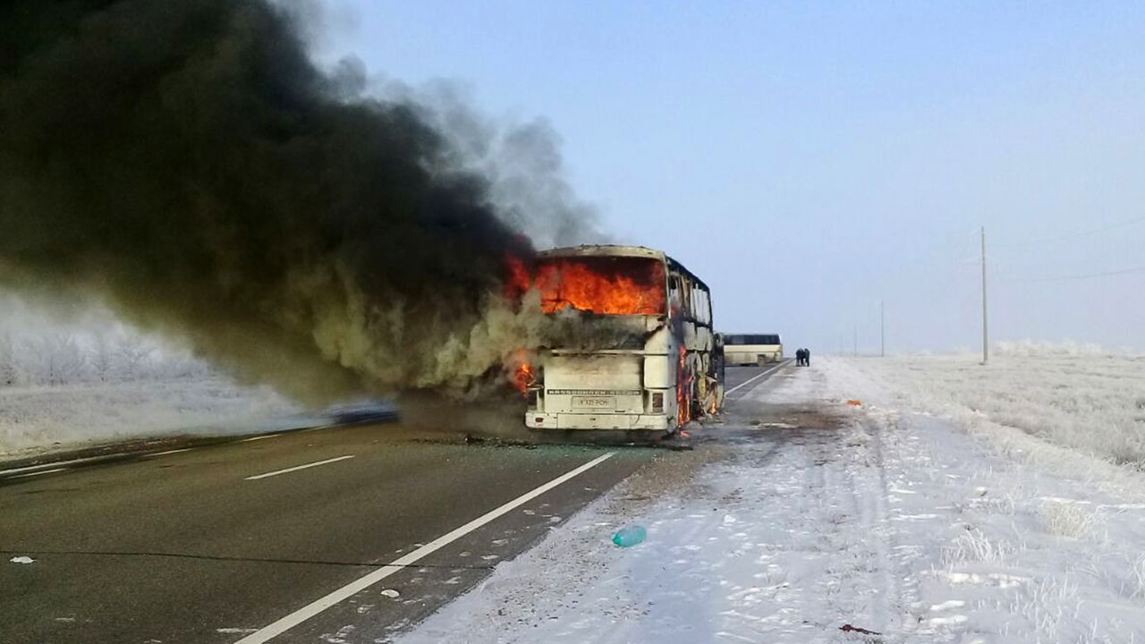 The blazing bus on Thursday morning in Kazakhstan's region of Aktobe. 