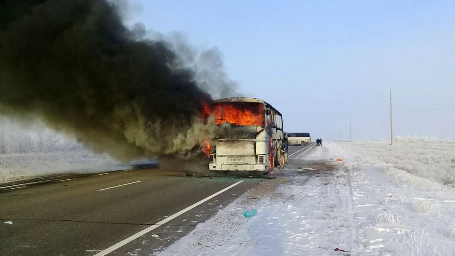 The blazing bus on Thursday morning in Kazakhstan's region of Aktobe. 