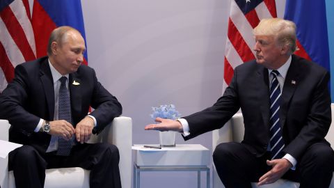 US President Donald Trump, right, meeting with Russian President Vladimir Putin at the G20 summit in Hamburg, Germany on  July 7, 2017.