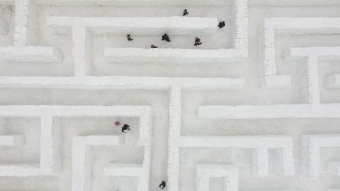 <strong>Zakopane, Poland: </strong>This drone photograph depicts visitors exploring the biggest snow maze in the world in Zakopane, Poland.