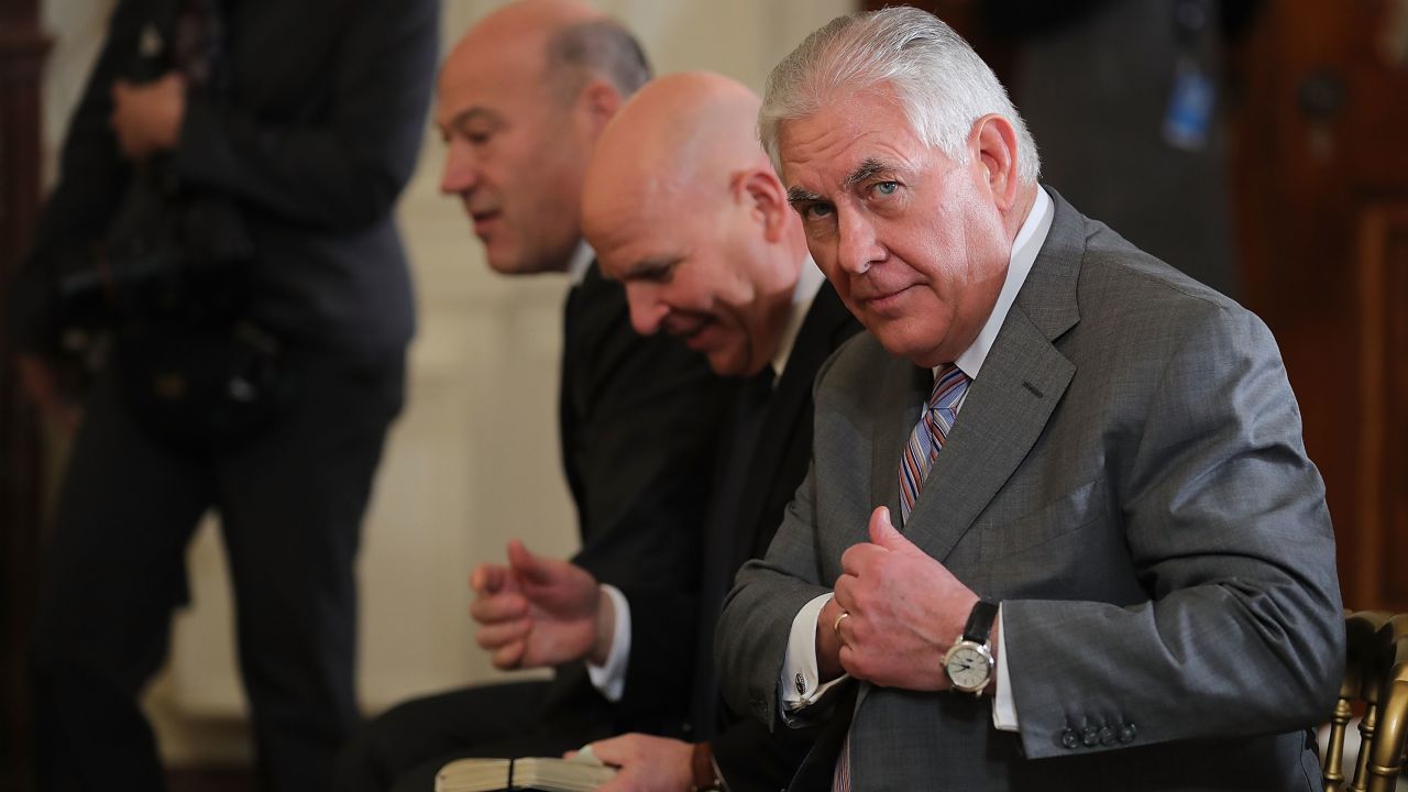 WASHINGTON, DC - JANUARY 10:  (L-R) White House National Economic Council Director Gary Cohn, National Security Advisor H.R. McMaster and Secretary of State Rex Tillerson arrive for a news conference with U.S. President Donald Trump and Prime Minister Erna Solberg of Norway in the East Room of the White House January 10, 2018 in Washington, DC. Before the news conference, the two leaders discussed economic security, trade, and their cooperation in the ongoing fight against Islamic State militants.  (Photo by Chip Somodevilla/Getty Images)