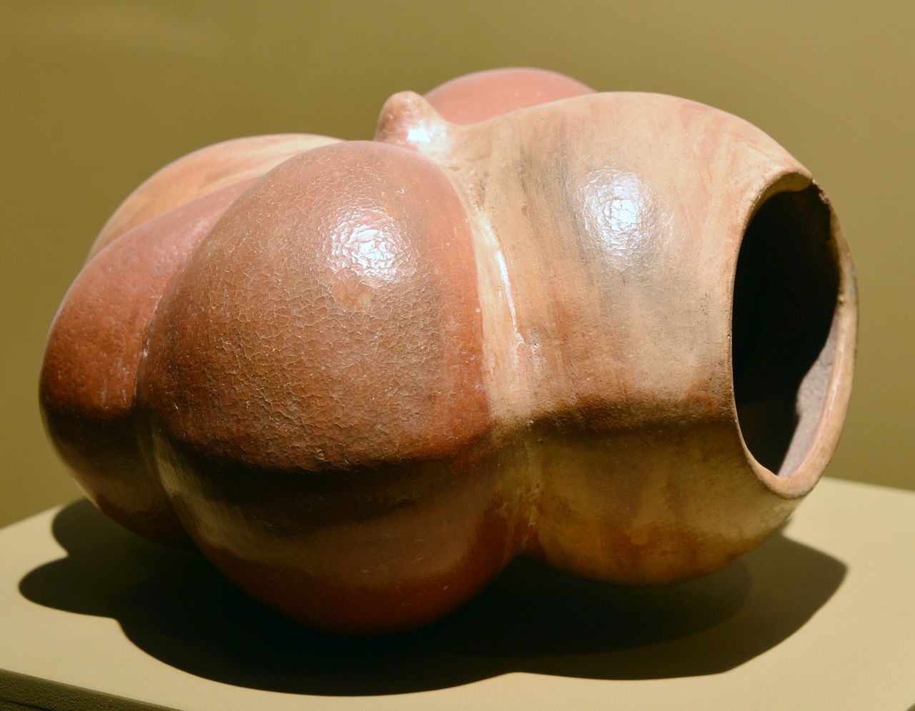 A pumpkin-looking Mochica pottery piece is displayed at the Lord of Sipan Royal Tomb Museum in Lambayeque. The Moche were skilled farmers, managing to produce corn, beans, chili peppers, potatoes and squash in desert conditions, with the help of highly advanced irrigation canals. 