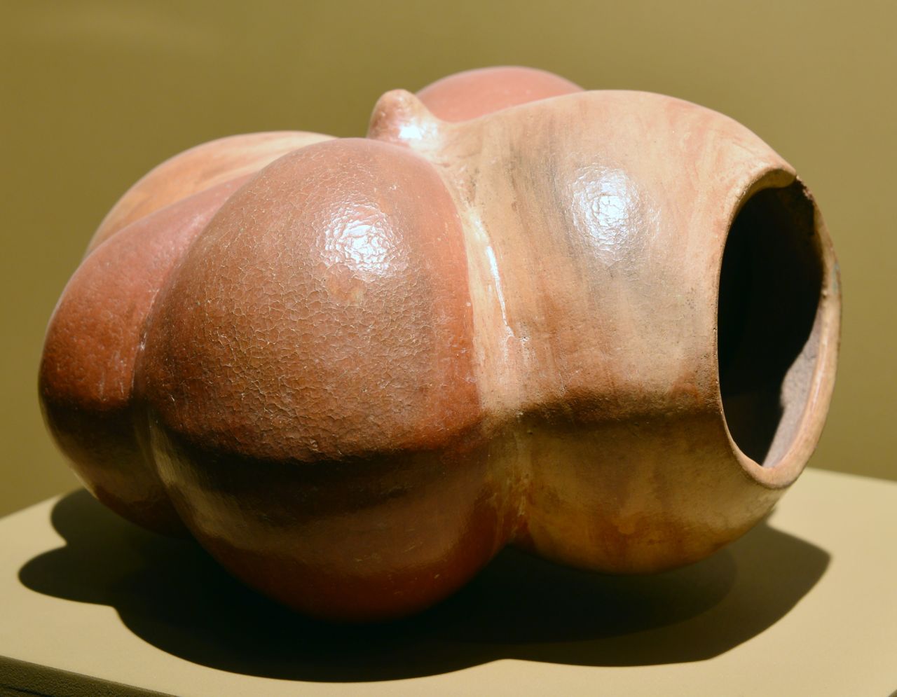 A pumpkin-looking Mochica pottery piece is displayed at the Lord of Sipan Royal Tomb Museum in Lambayeque. The Moche were skilled farmers, managing to produce corn, beans, chili peppers, potatoes and squash in desert conditions, with the help of highly advanced irrigation canals.