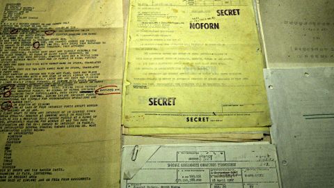 Top secret files recovered from the USS Pueblo seen in a propaganda photo released by North Korea.