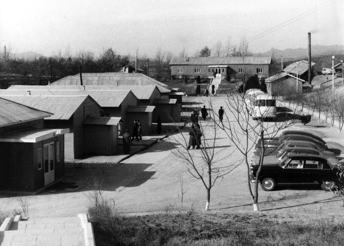 The iconic blue huts in Panmunjom, on the DMZ between North and South Korea, seen in 1965.