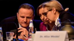 Alternative for Germany leader Alice Weidel (right) chats with two party members during the party congress on December 2 in Hanover, Germany.

