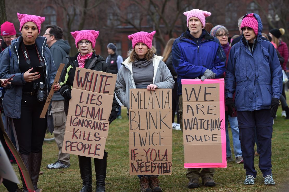 Protesters march in Washington, DC, during the Womens March on January 21, 2017.