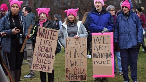 Protesters march in Washington, DC, during the Womens March on January 21, 2017.