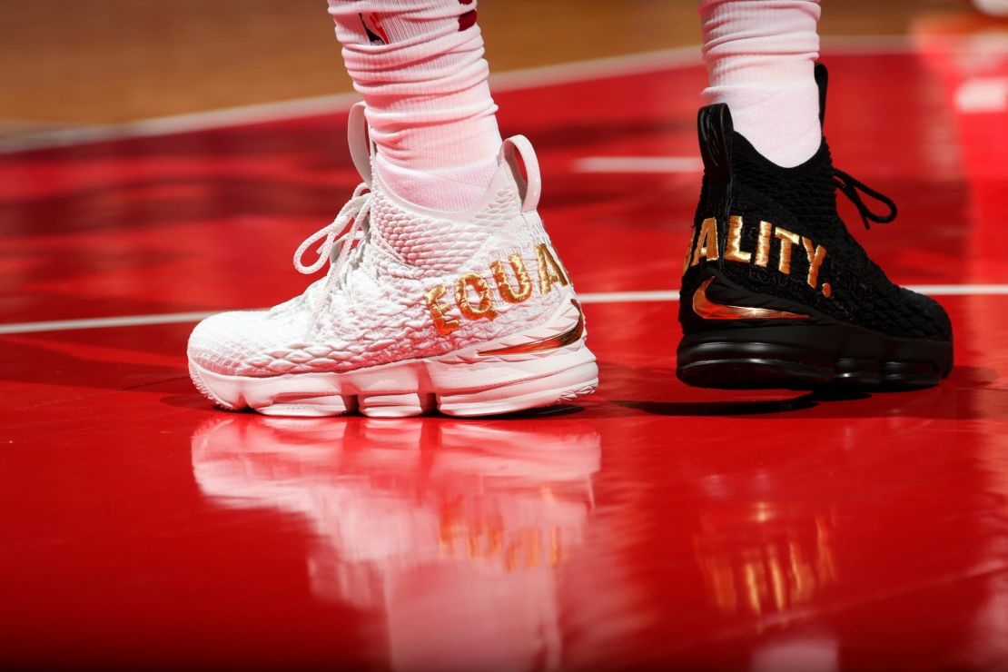 The "Equality" sneakers of LeBron James #23 of the Cleveland Cavaliers during game against the Washington Wizards on December 17, 2017 at Capital One Arena in Washington, DC.