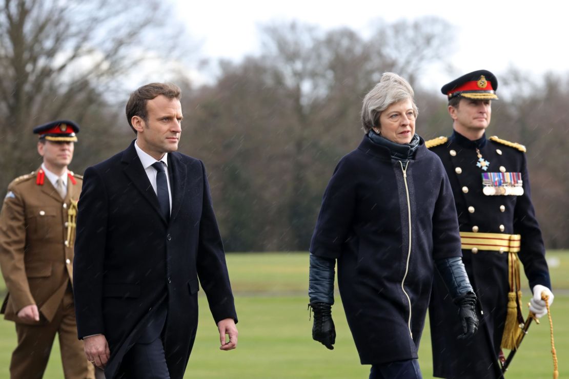 French President Macron and British Prime Minister May arrive at Sandhurst.