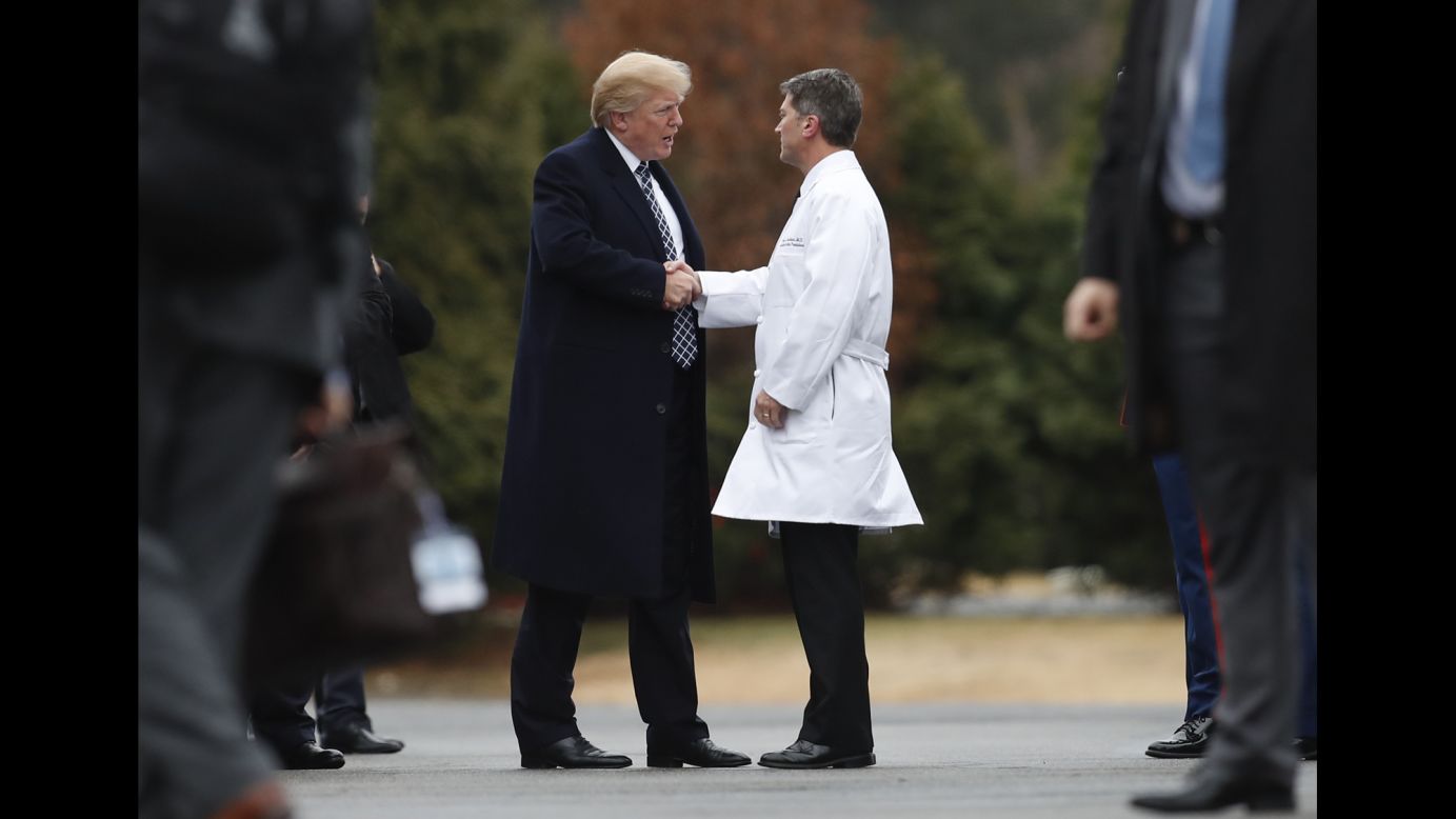 Trump prepares to depart Walter Reed National Military Medical Center in Bethesda, Maryland, on Friday, January 12, after undergoing a physical. It was Trump's first medical checkup since becoming President. <a href="http://www.cnn.com/2018/01/12/politics/donald-trump-medical-exam/index.html" target="_blank">Dr. Ronny Jackson, the White House physician, right, said Trump is in "excellent health."</a>