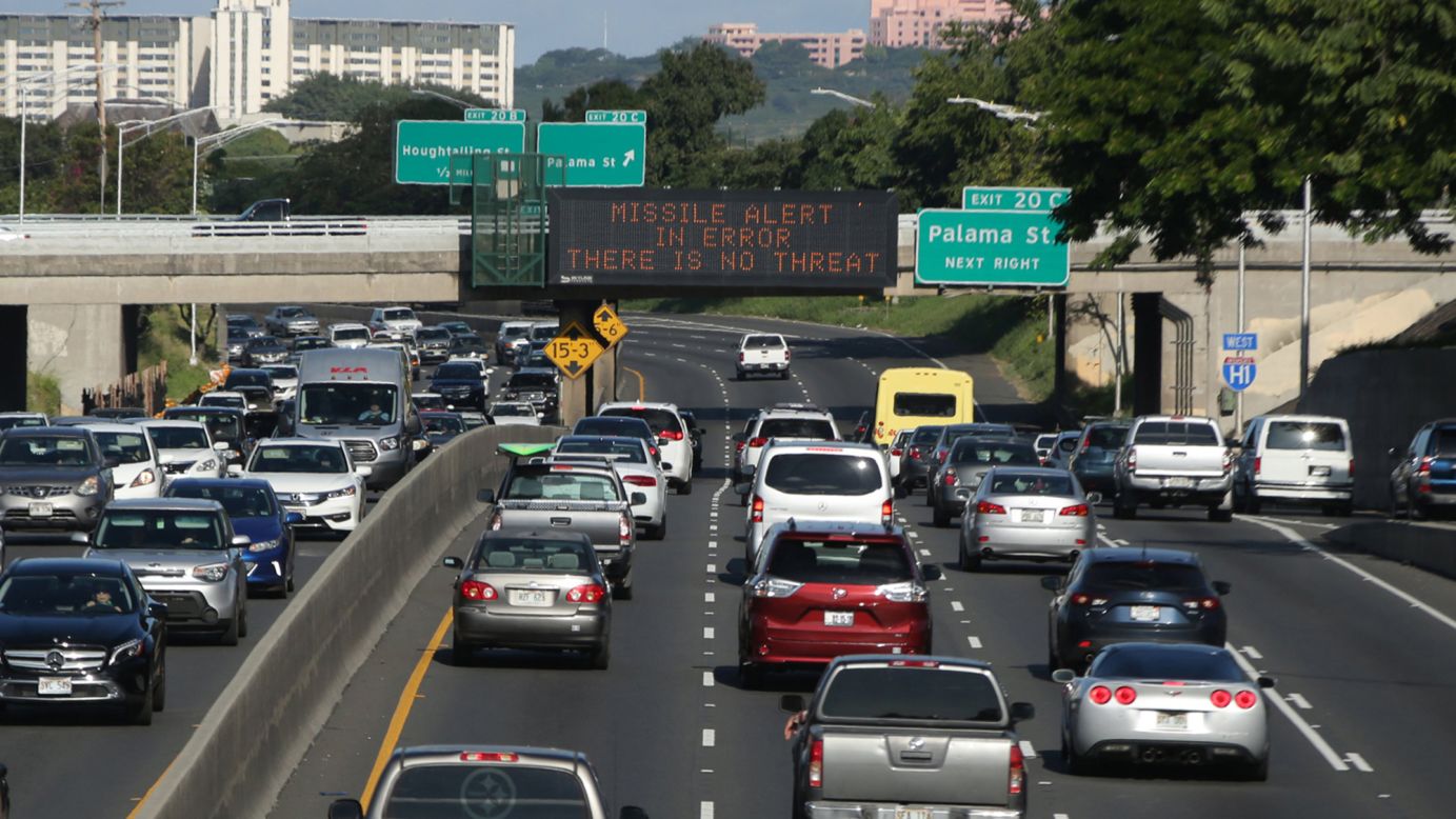 An electronic sign on a Honolulu expressway tells motorists, "Missile alert in error. There is no threat," on Saturday, January 13, after an emergency alert accidentally went out to radio, TV and cell phones in Hawaii. State leaders and emergency officials blamed the false alarm about a ballistic missile threat on <a href="http://www.cnn.com/2018/01/13/politics/hawaii-missile-threat-false-alarm/index.html" target="_blank">an employee who "pushed the wrong button."</a>