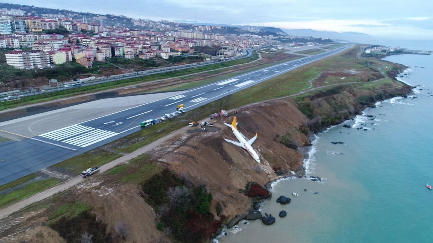 A Pegasus Airlines Boeing 737-800 passenger plane sits on a cliff after <a href="http://www.cnn.com/videos/world/2018/01/14/turkey-plane-skids-off-runway-newday.cnn" target="_blank">going off a runway at Trabzon Airport</a> in Turkey on Sunday, January 14. There were no injuries, and all passengers were evacuated.