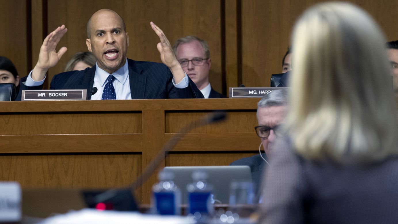 US Sen. Cory Booker <a href="http://www.cnn.com/2018/01/16/politics/cory-booker-kirstjen-nielsen/index.html" target="_blank">questions Homeland Security Secretary Kirstjen Nielsen</a> during a Senate Judiciary Committee hearing on Tuesday, January 16, in Washington. The hearing grew testy as Booker slammed Nielsen after she denied hearing President Donald Trump make vulgar remarks about African nations in a White House meeting on immigration.