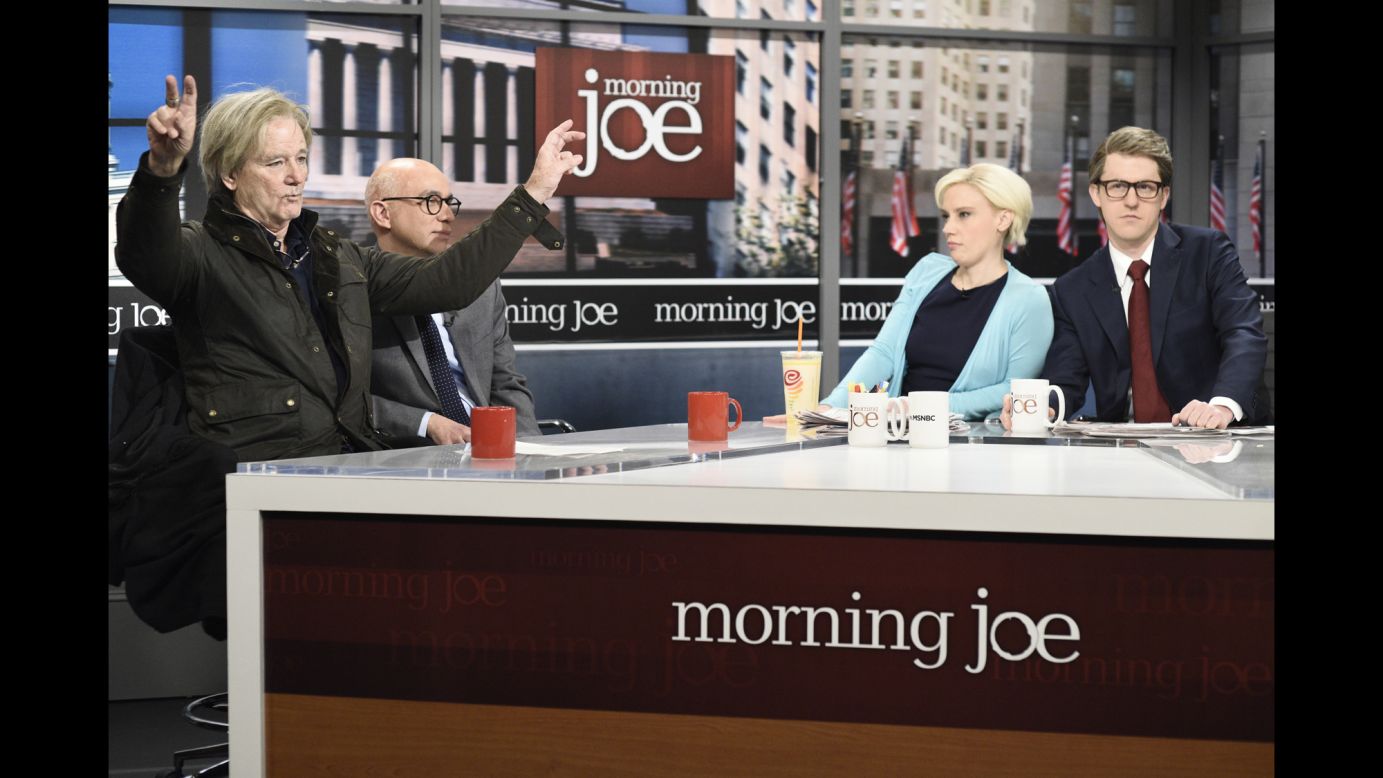 Bill Murray as Steve Bannon, Fred Armisen as Michael Wolff, Kate McKinnon as Mika Brzezinski and Alex Moffat as Joe Scarborough perform in a sendup of "Morning Joe" in the opening of "Saturday NIght Live" on Saturday, January 13.