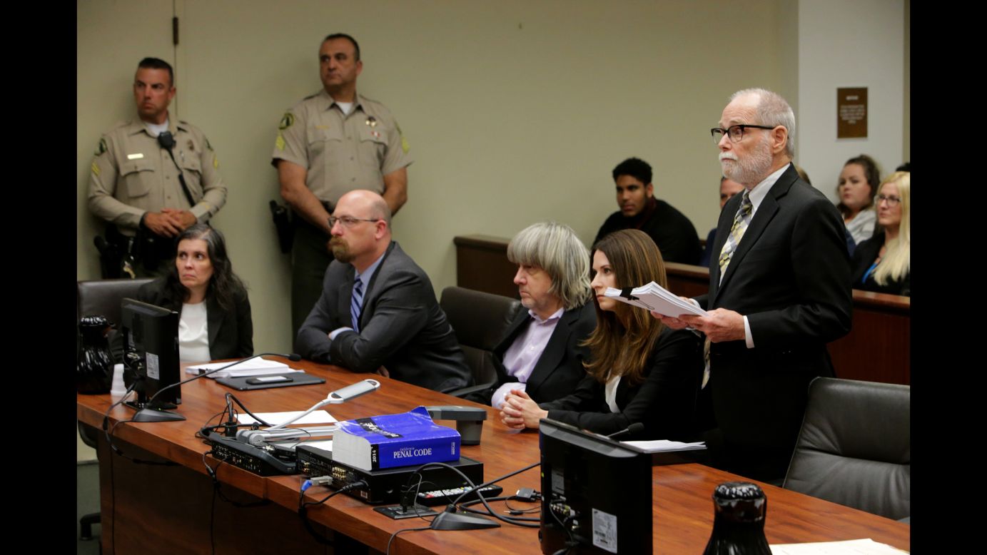 Louise Turpin, far left, and her husband, David, third from left, make their first court appearance on Thursday, January 18, in Riverside, California. The Turpins are <a href="http://www.cnn.com/2018/01/18/us/turpin-family-investigation/index.html" target="_blank">accused of keeping their 13 children captive and malnourished</a> in their home. They each pleaded not guilty to multiple counts of torture and child abuse. 