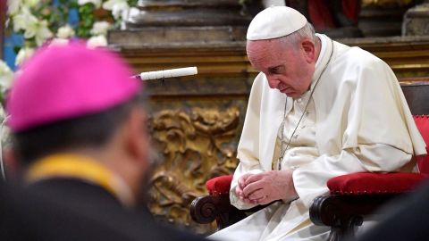 Pope Francis meets with bishops in January at the Metropolitan Cathedral in Santiago, Chile.  