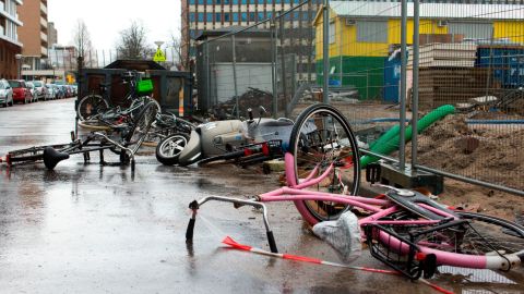 Scores of flights and trains were cancelled in The Netherlands and drivers were warned to stay off the roads as the country took a powerful hit of a storm which was set to lash large parts of Europe
