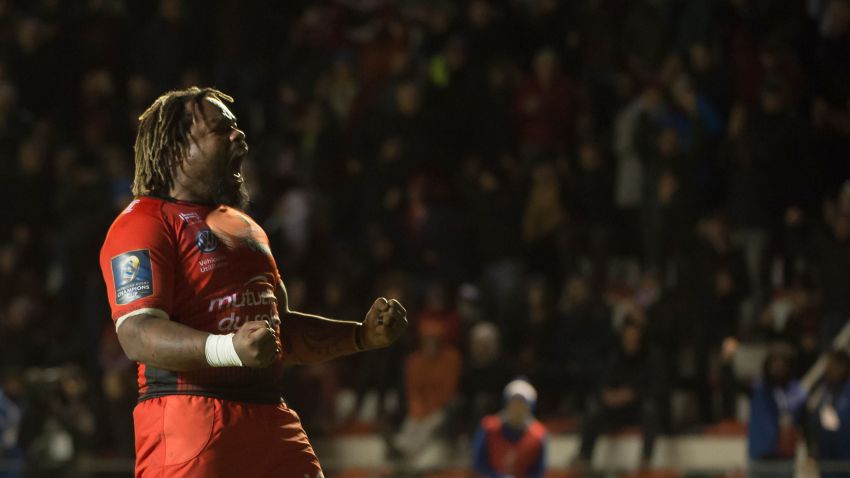 RC Toulon's French centre Mathieu Bastareaud celebrates at the final whistle of the Champions Cup rugby union match RC Toulon vs Bath at The Mayol Stadium in Toulon, southeastern France on December 9, 2017.  / AFP PHOTO / BERTRAND LANGLOIS        (Photo credit should read BERTRAND LANGLOIS/AFP/Getty Images)