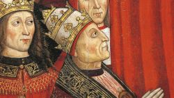 UNSPECIFIED - DECEMBER 16: Pope Alexander VI (1431-1504) and those who wielded power in the empire and the papacy, detail of The Madonna of the Recommended, 1500, by Cola da Orte and Giovanni Antonio da Roma, tempera on panel. Orte, Museo Diocesano D'Arte Sacra (Diocesan Art Museum) (Photo by DeAgostini/Getty Images)