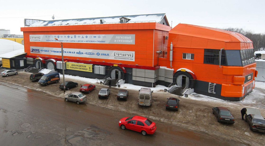 This red truck-shaped shop in Kostroma, Russia, sells auto parts. Who'd have guessed? 
