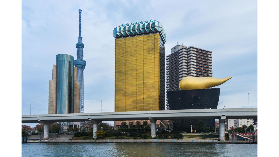 The amber glass conveys the beer, while the slanting white panels at the top mimic the head. Next door is the eye-popping Asahi Super Dry Hall. Designed by French designer-architect Philippe Starck, the 1990 squat black building on the Sumidagawa River has a 300-ton golden flame rising from the top, which some note looks like the fizz from a freshly poured beer.