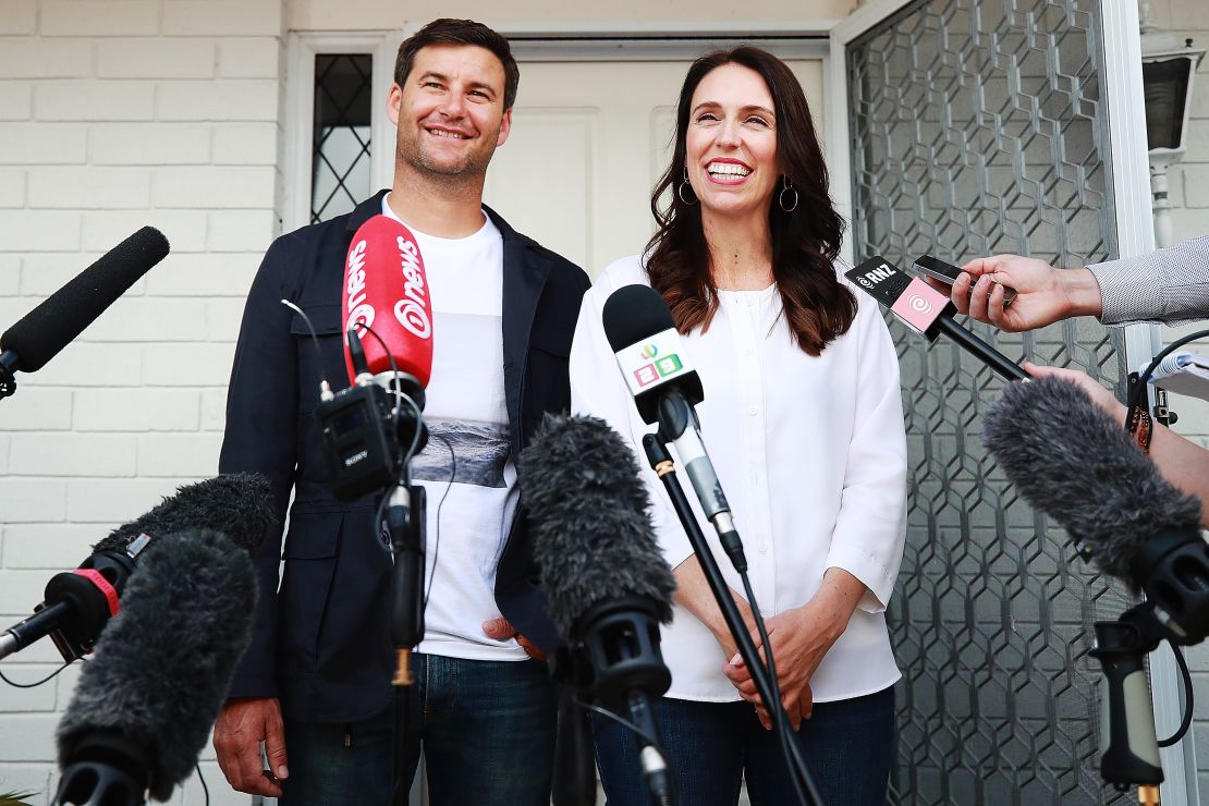 Prime Minister Jacinda Ardern and her partner Clarke Gayford speak to the media January 19 in Auckland.