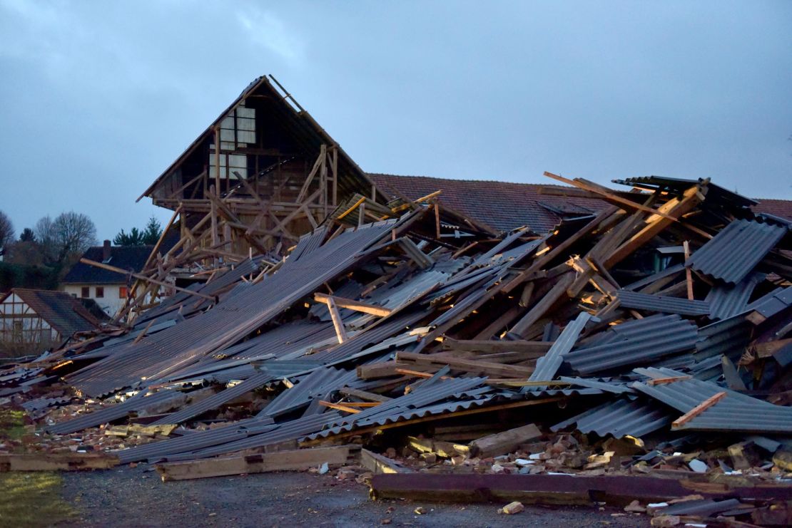 An agricultural building  collapsed during a heavy storm in Meimbressen, central Germany, on Thursday.