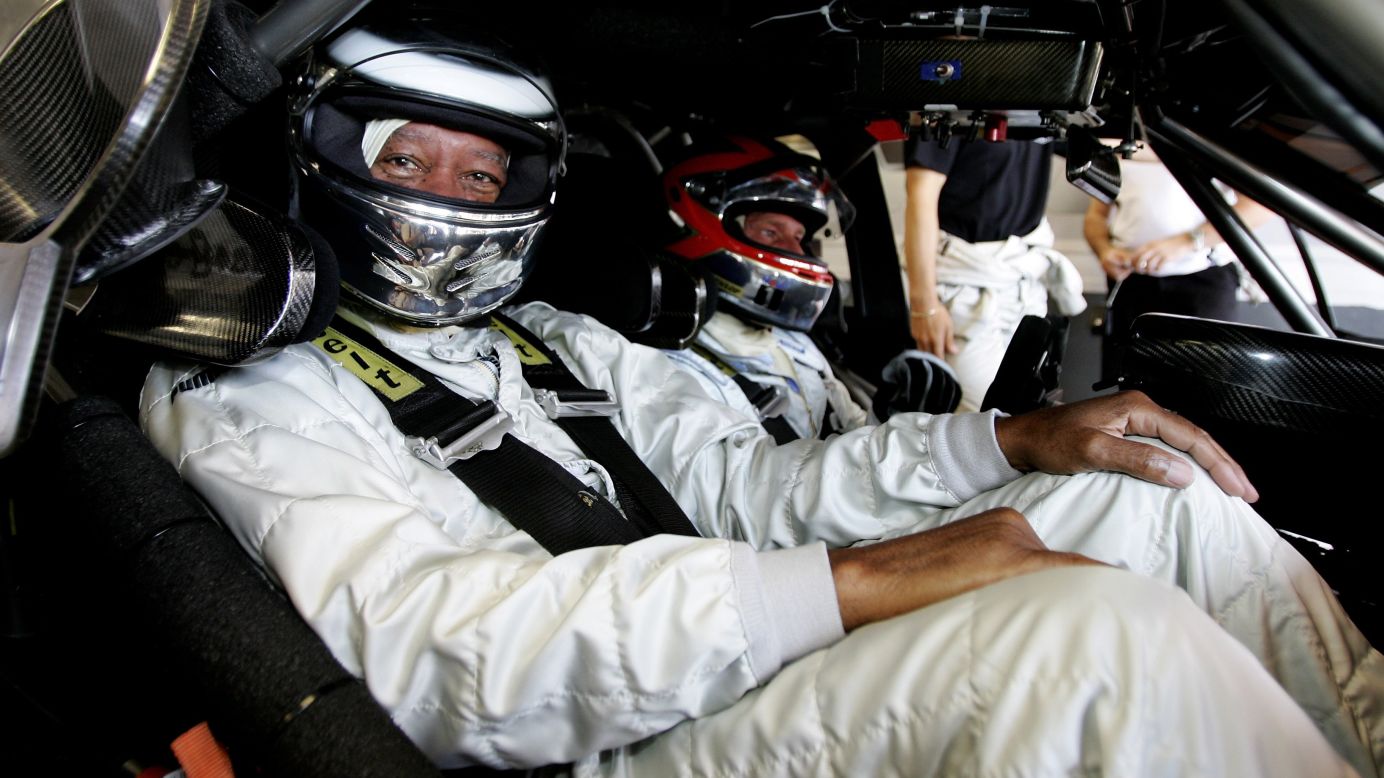 Freeman prepares to be driven during the Mercedes Benz-AMG Driving Experience prior to the Laureus World Sports Awards at the Circuit de Catalunya on May 21, 2006, in Barcelona, Spain. 