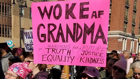 This is Elda mcquade. She did not march last year as she had knee surgery. She is a refugee herself from Cuba, so came to march today in support of other refugees. 64 years old. Grandmother to 2 grandsons. At the rally in New York