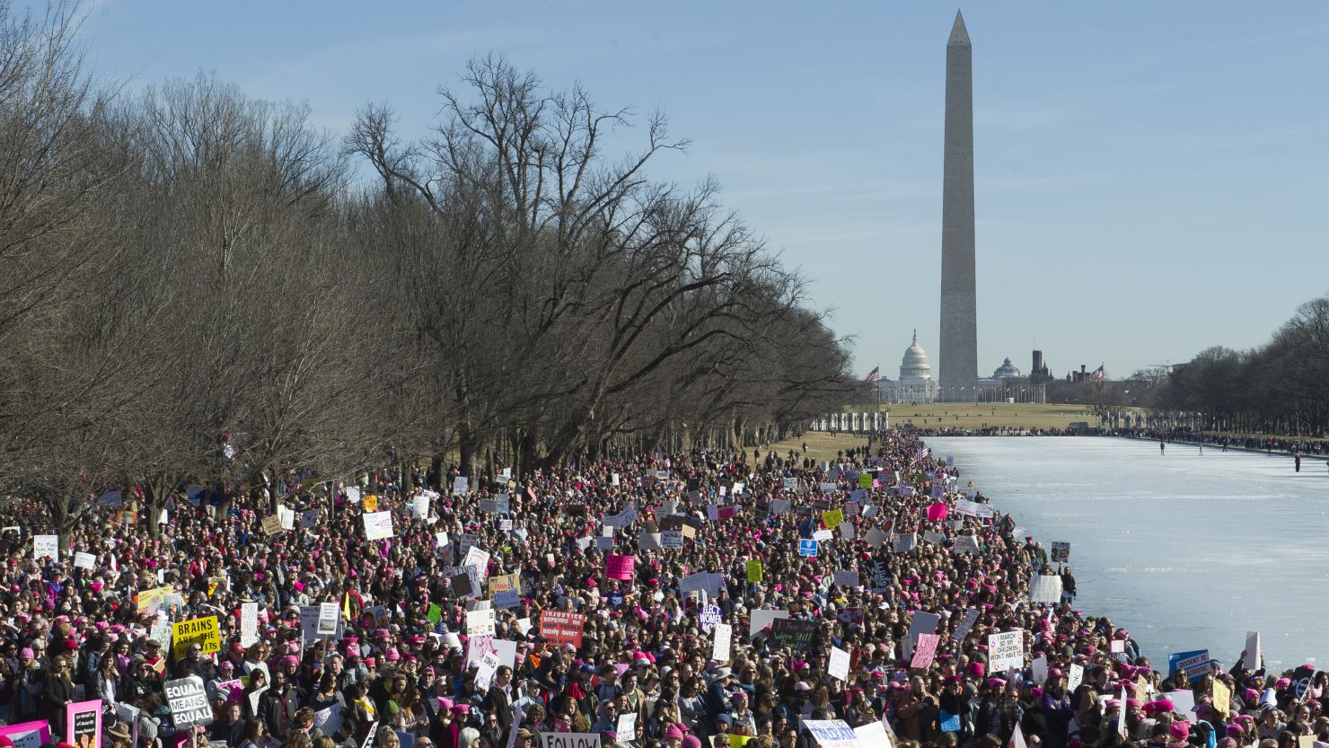 Participants in the Women's March gather near the Lincoln Memorial in Washington, Saturday, Jan. 20, 2018. On the anniversary of President Donald Trump's inauguration, people participating in rallies and marches in the U.S. and around the world Saturday denounced his views on immigration, abortion, LGBT rights, women's rights and more. (AP Photo/Cliff Owen)